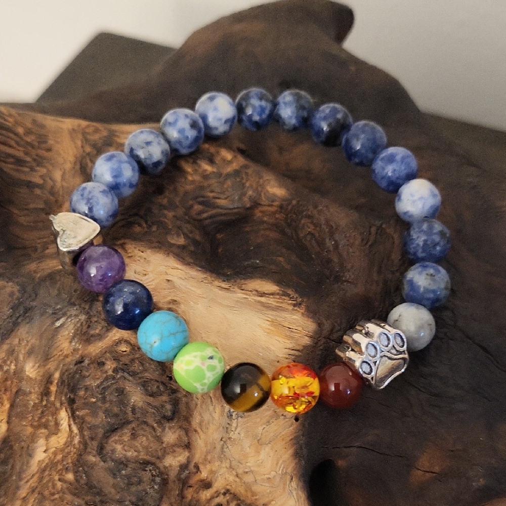 Blue Jasper, Rainbow Gemstone, Paw Print, Heart Charm Bracelet